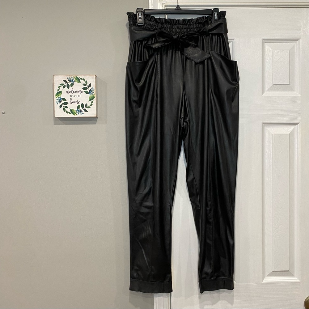 Ramy Brook Black Marty Paper Bag Faux Leather Pants Tie Waist Medium Shiny